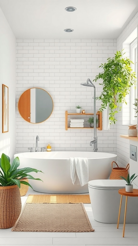 A bright and eco-friendly white bathroom featuring a round bathtub, plants, and natural materials.