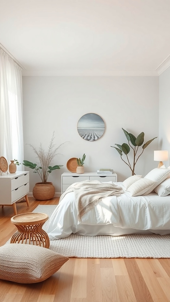 A bright and airy bedroom featuring white furniture, natural decor elements, and a cozy atmosphere.