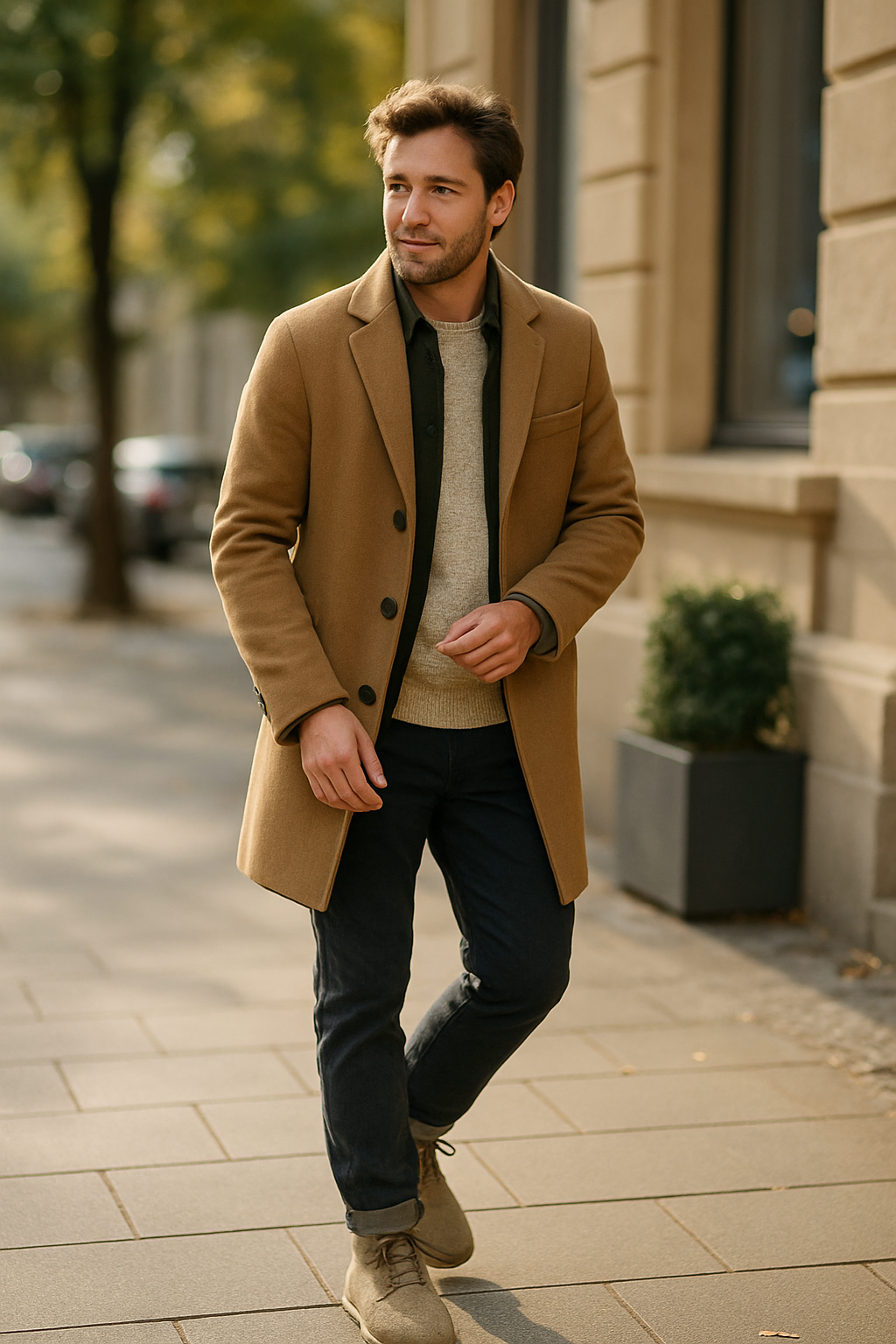 A man walking in eco-friendly winter boots, dressed in a stylish winter outfit.