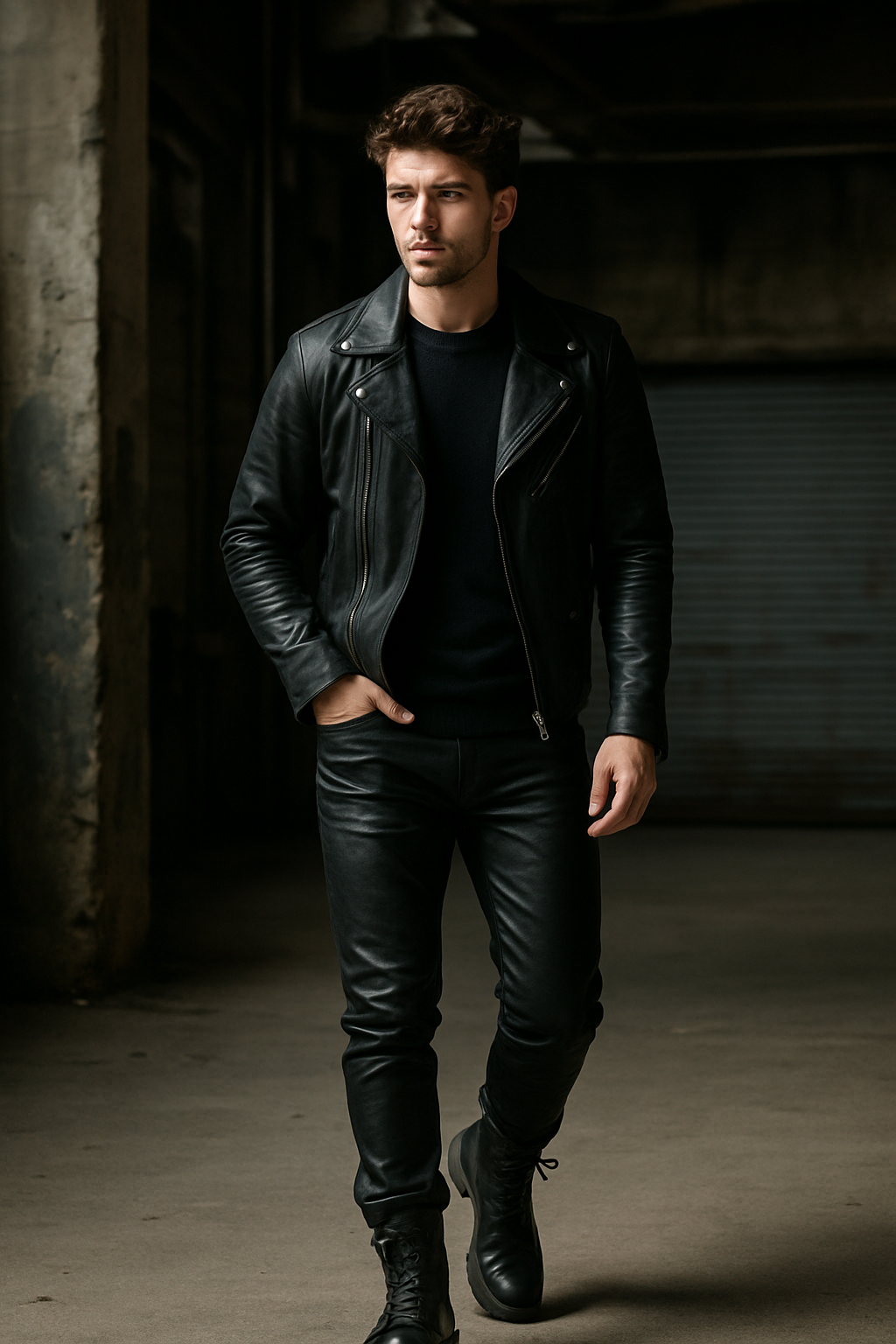 A stylish man wearing a black leather jacket, leather pants, and biker boots, walking confidently in an urban setting.