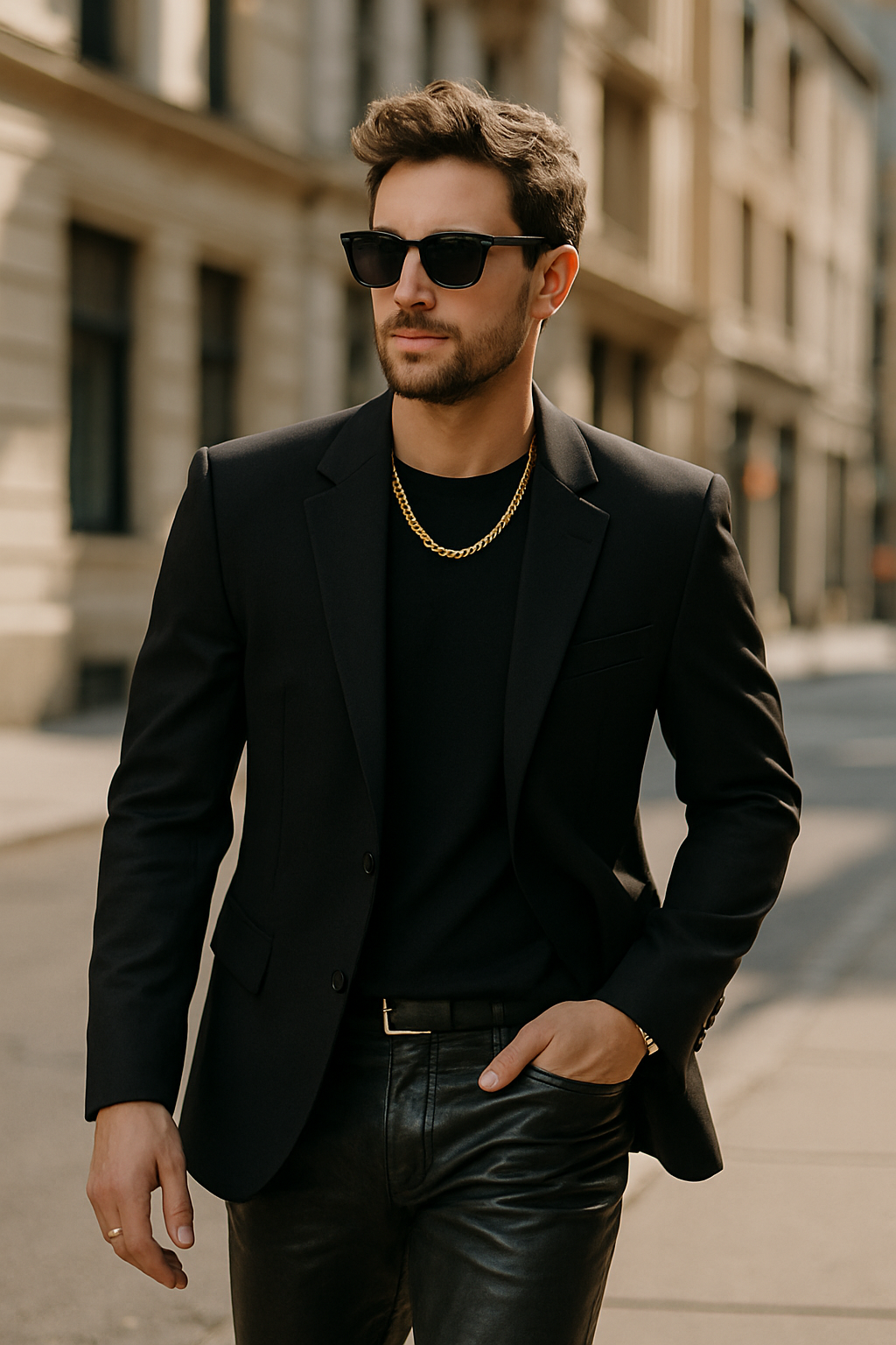 Man in a black blazer and leather pants walking confidently on the street