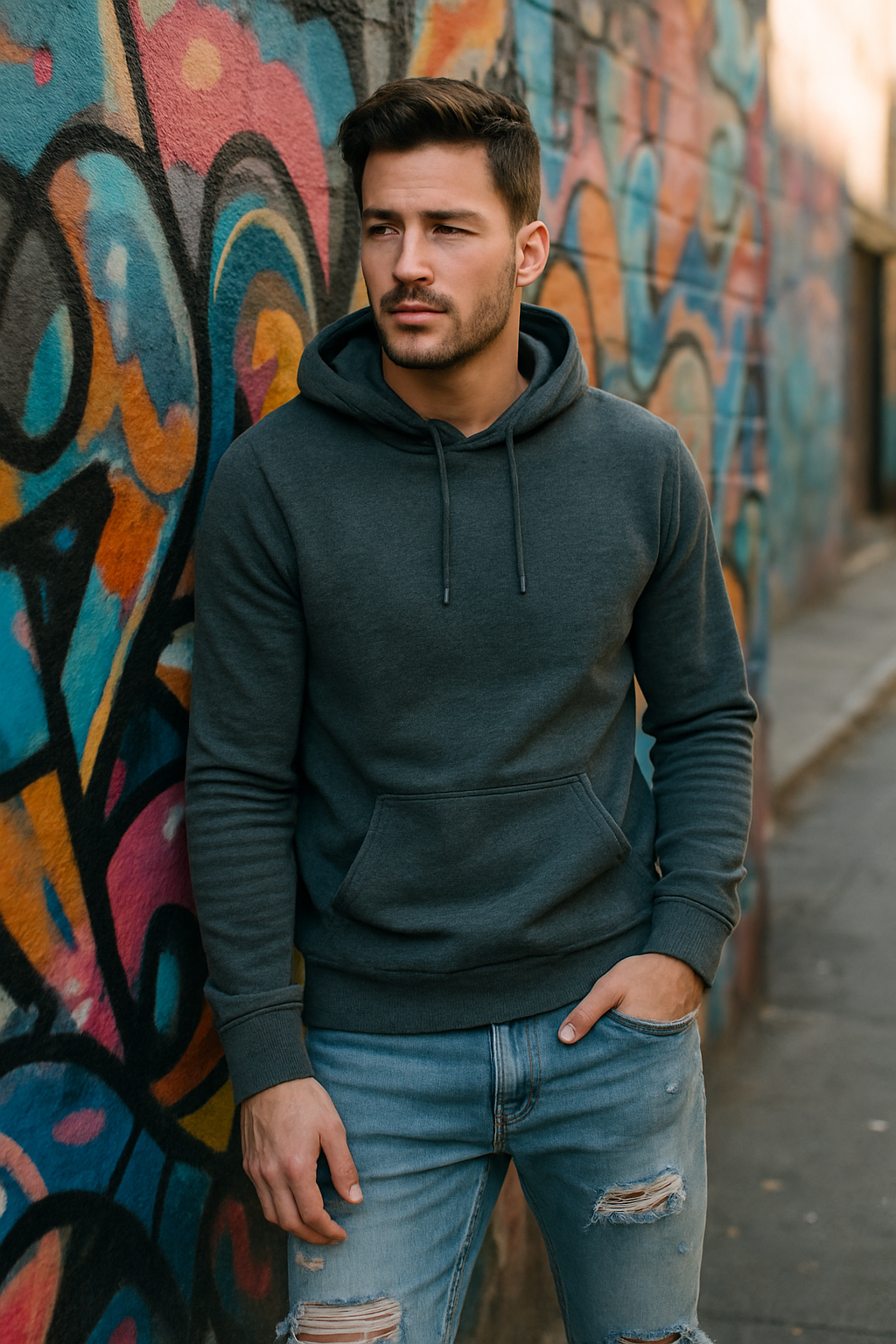 A man wearing a dark gray hoodie and ripped jeans, standing against a colorful graffiti wall.