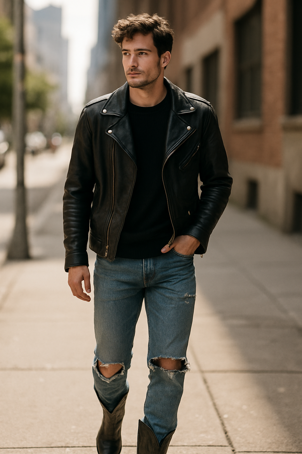 A man walking in an urban setting wearing a black leather jacket, black sweater, distressed blue jeans, and black cowboy boots.