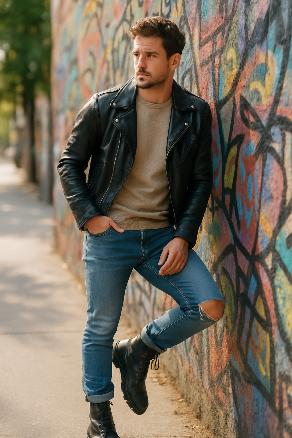 A man in a black leather jacket and beige sweater, leaning against a colorful wall, wearing blue jeans and black combat boots.
