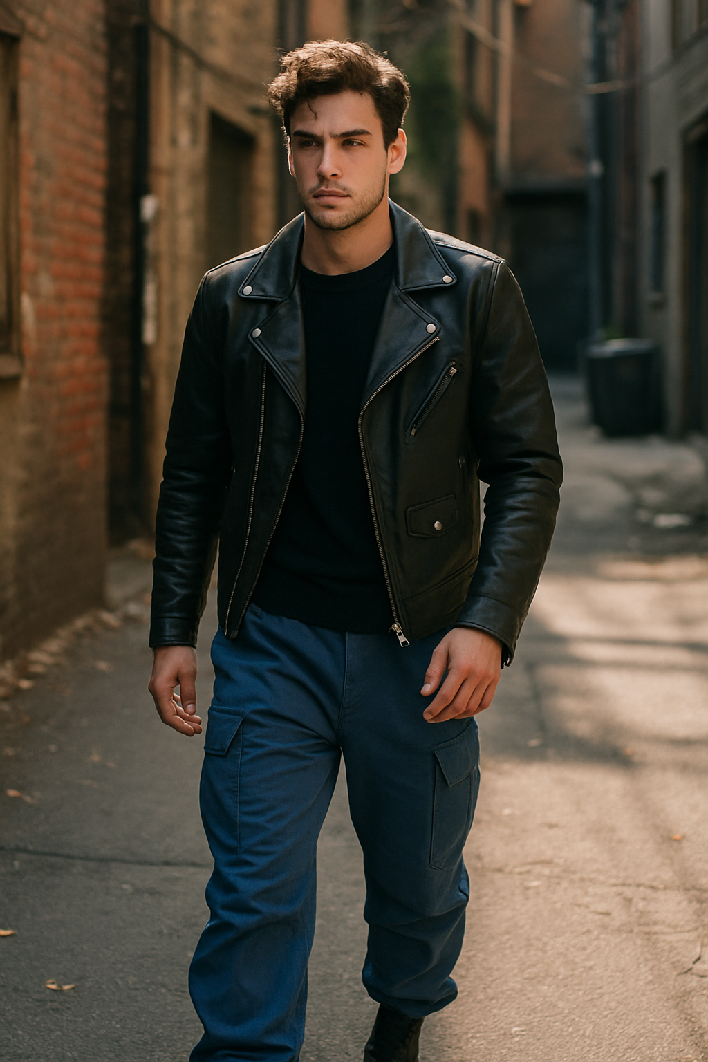 A model wearing blue cargo pants and a black leather jacket walking down an alley.