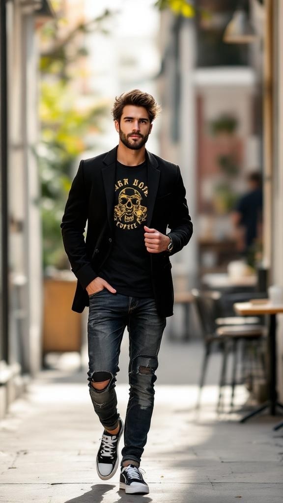 Man wearing a black blazer over a graphic tee, distressed jeans, and sneakers, walking in an urban setting.