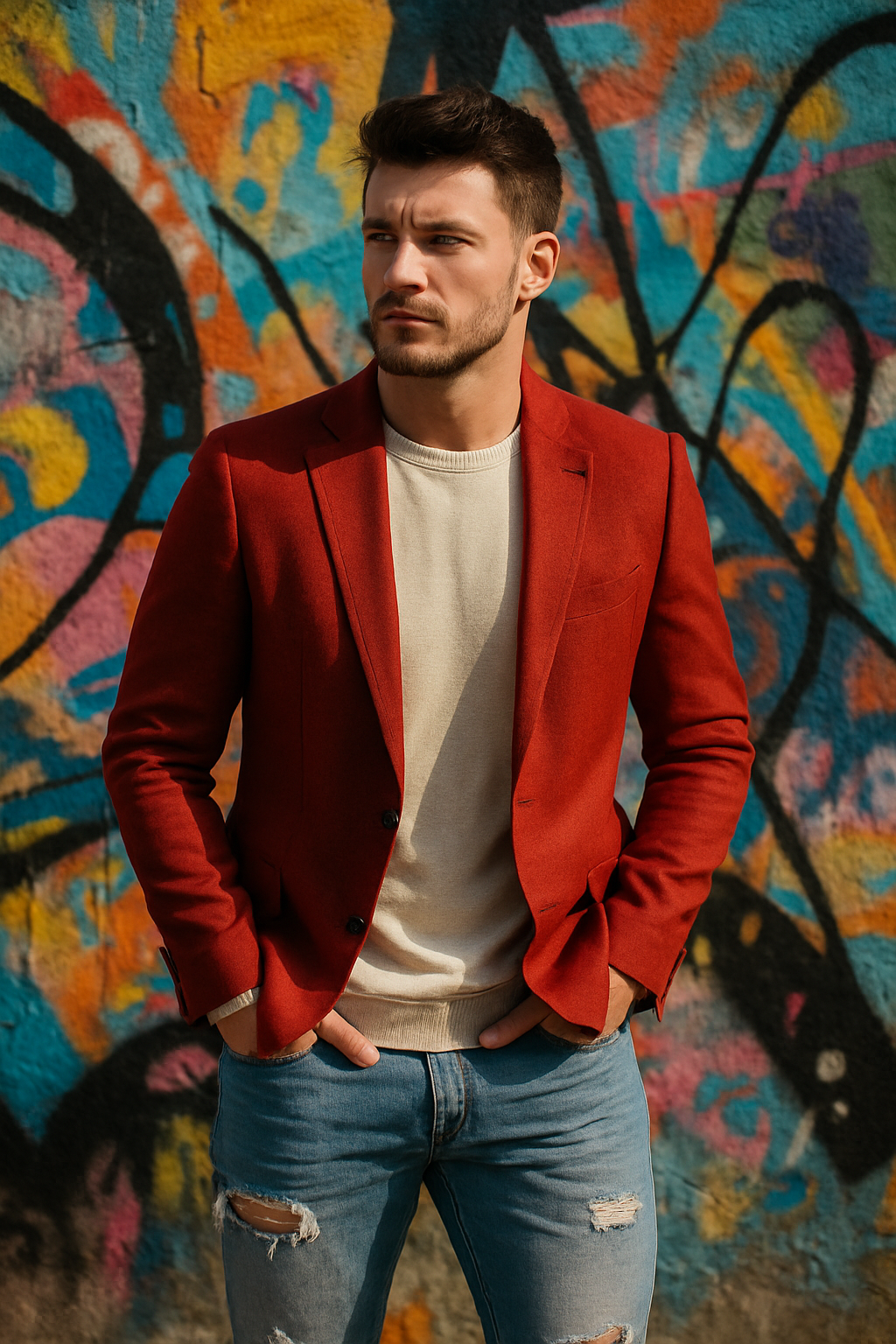 A man wearing a red blazer and ripped jeans, standing against a colorful graffiti background.