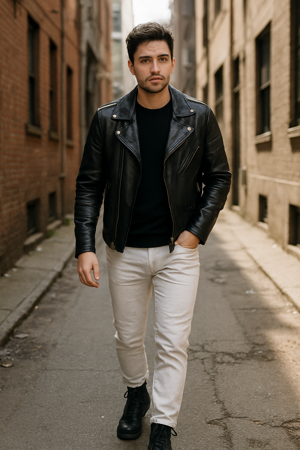 A man wearing a black leather jacket, black sweater, and white jeans walking in an urban alley.