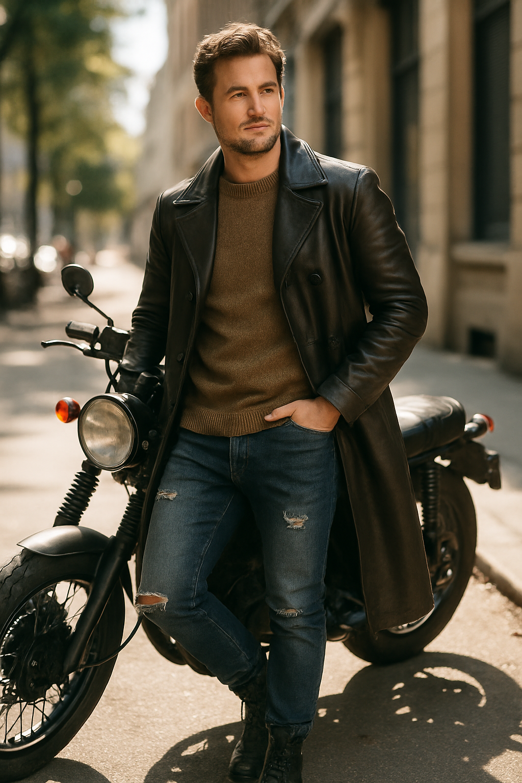 A man wearing a long leather coat, a sweater, and distressed jeans, standing next to a motorcycle.