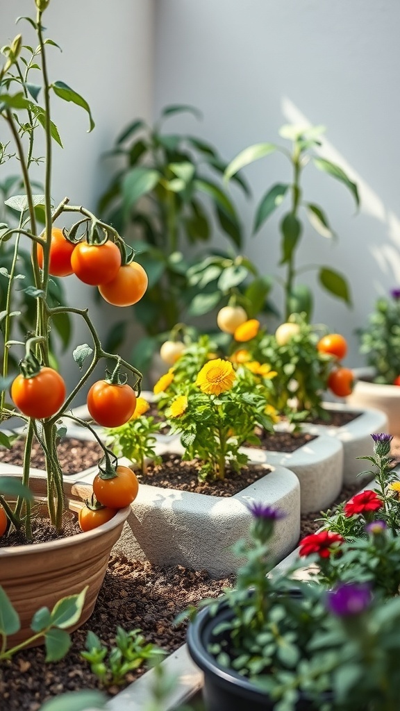 A small backyard garden featuring tomato plants, colorful flowers, and herbs.