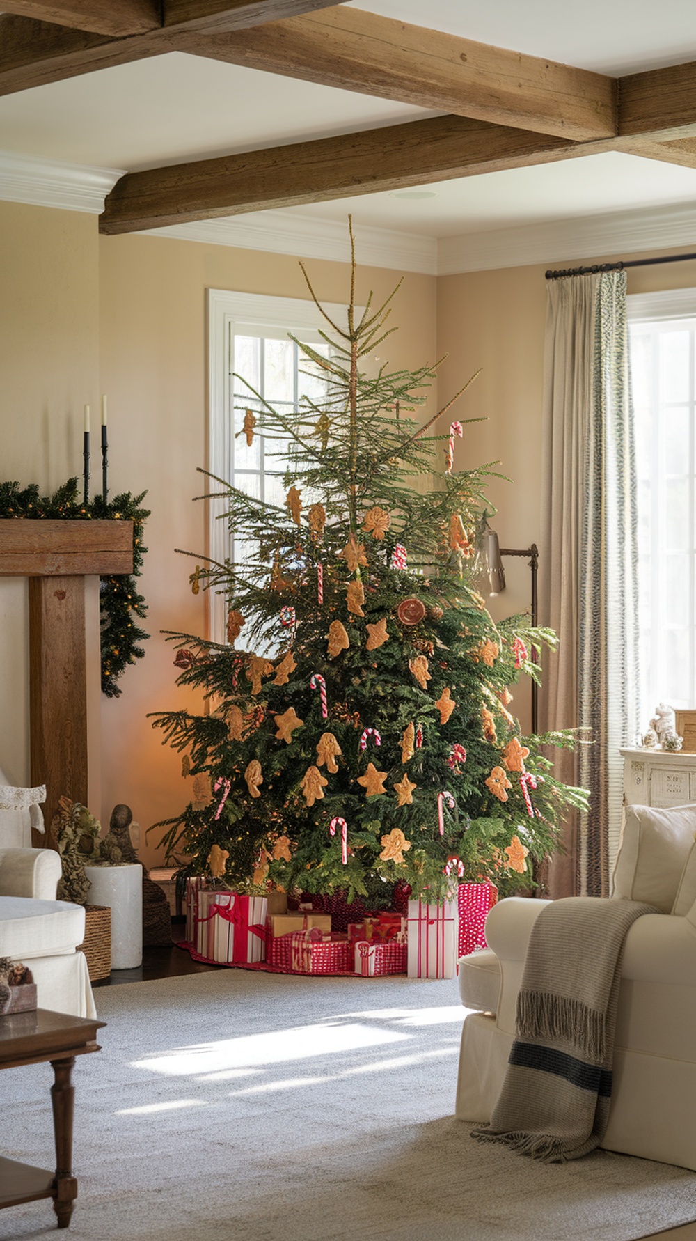 A beautifully decorated Christmas tree with edible ornaments including gingerbread cookies and candy canes.