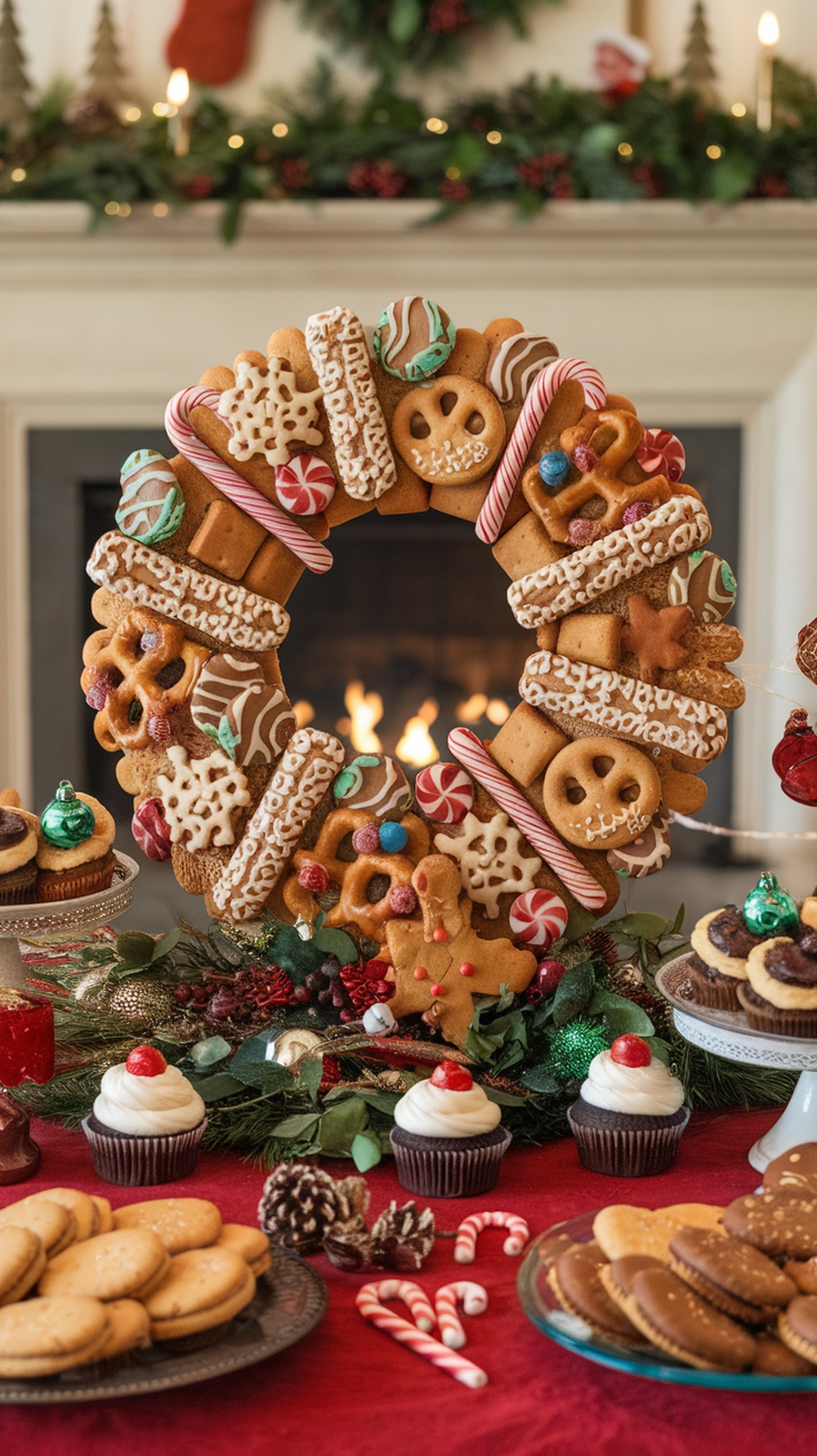 A festive edible wreath made of cookies and candies, surrounded by additional sweets.