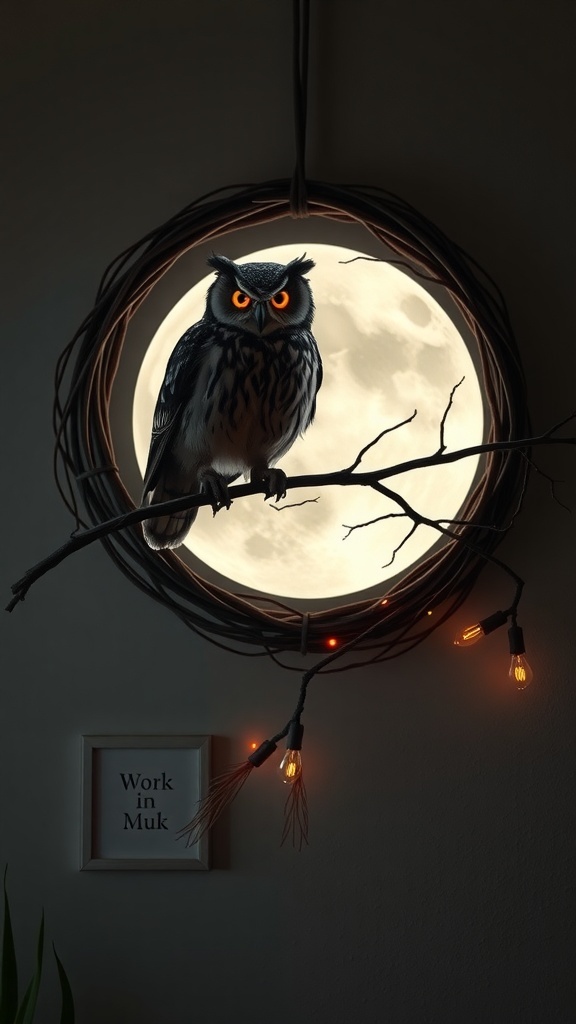 A Halloween wreath featuring an owl with glowing eyes perched on a branch in front of a large moon, surrounded by twinkling lights.
