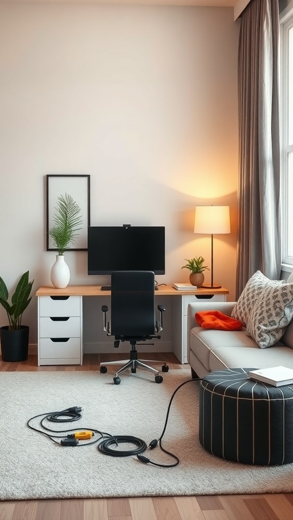A cozy home office with a desk, chair, and sofa, featuring visible cables on the floor.
