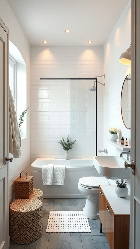 A compact and stylish bathroom layout featuring a glass shower, bathtub, and modern storage solutions.