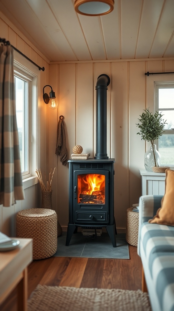 Cozy tiny cabin interior featuring a black wood stove with flames, surrounded by natural decor and warm lighting.