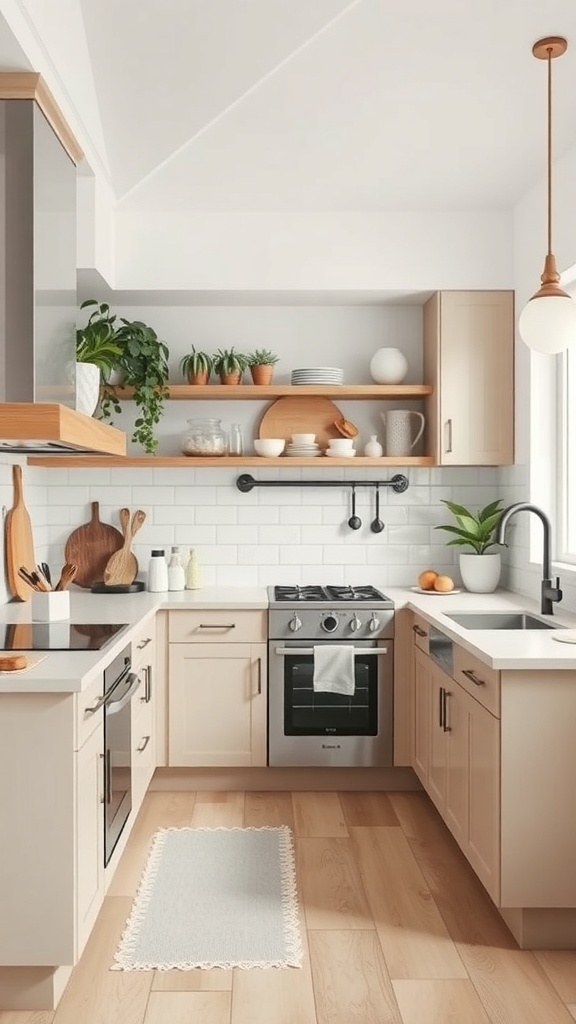 A small, modern kitchen with an efficient layout featuring light-colored cabinets, open shelves, and plants.
