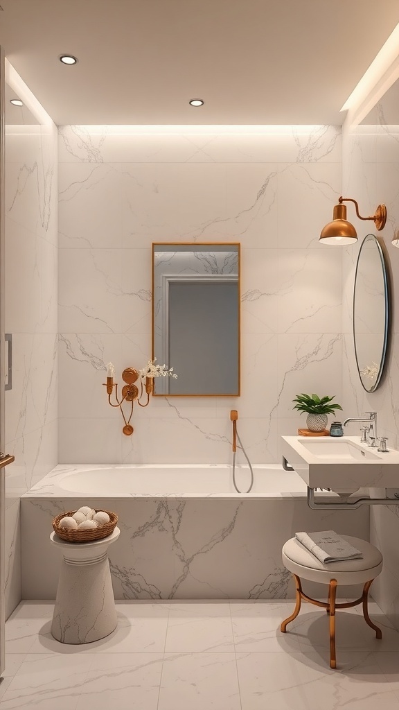 A modern marble bathroom with stylish lighting fixtures and a warm atmosphere.