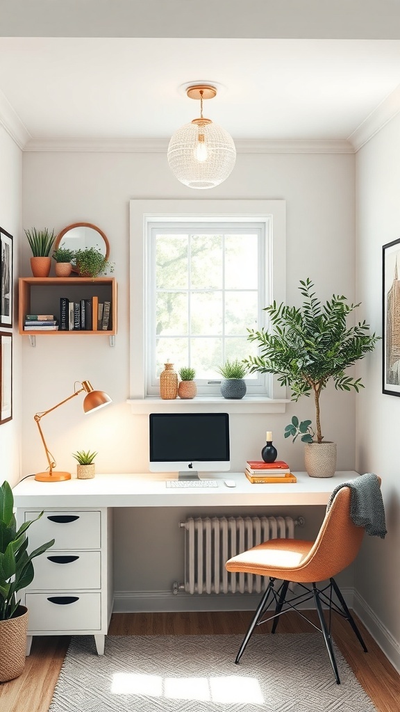 A cozy tiny home office with a desk, computer, plants, and efficient lighting.