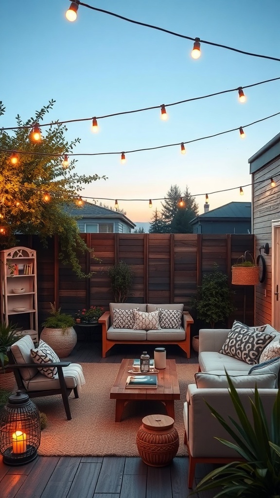 A cozy backyard with string lights, seating, and plants, creating a warm atmosphere.