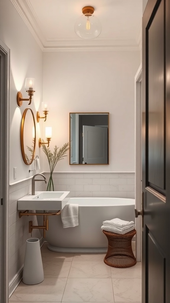 A stylish tiny bathroom featuring efficient lighting solutions with wall sconces and a ceiling fixture.