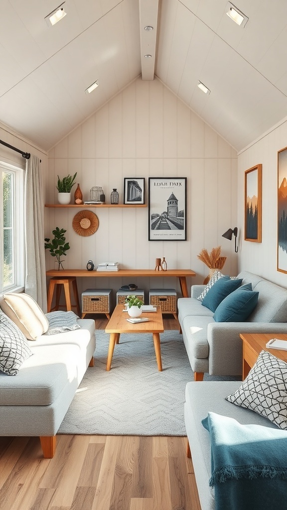 Cozy small cabin interior with light colors, comfortable seating, and efficient storage solutions.