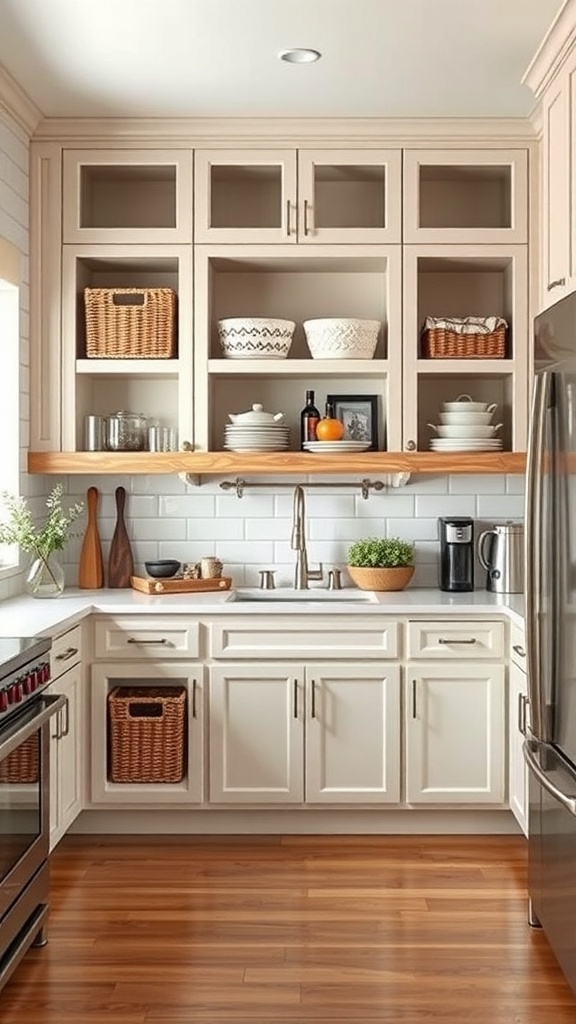 A modern rustic kitchen with open shelves and organized storage solutions.