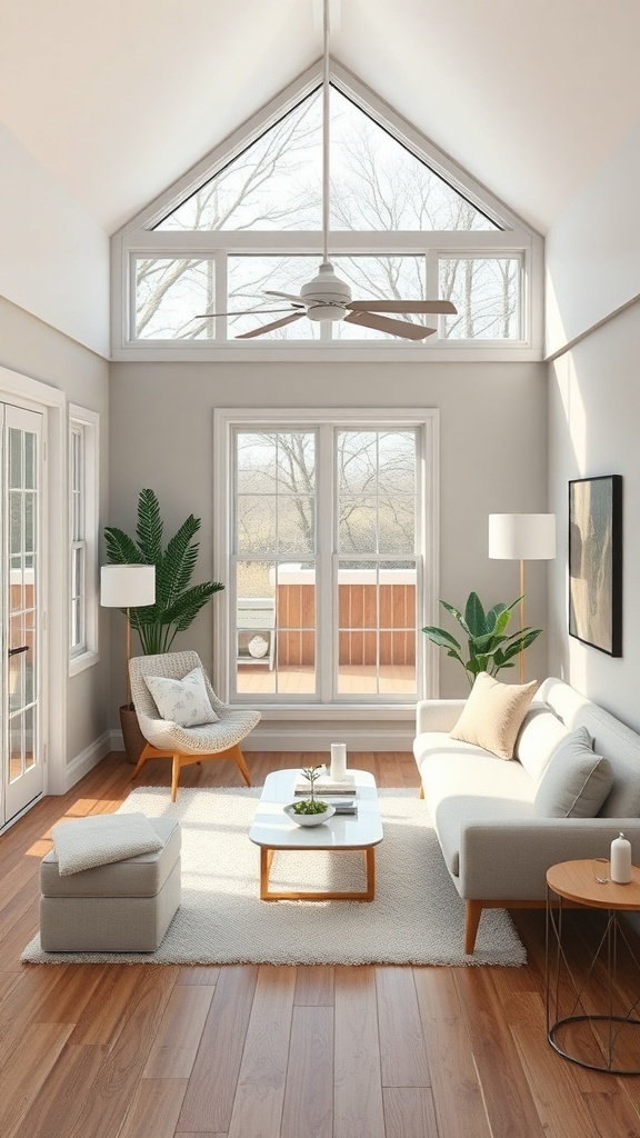 Bright living area of a tiny house with large windows and modern decor.