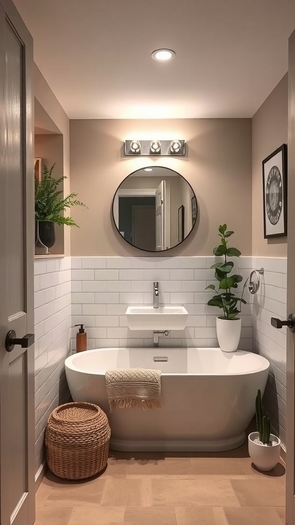 A stylish and efficient basement bathroom featuring a freestanding tub, modern sink, and natural elements.