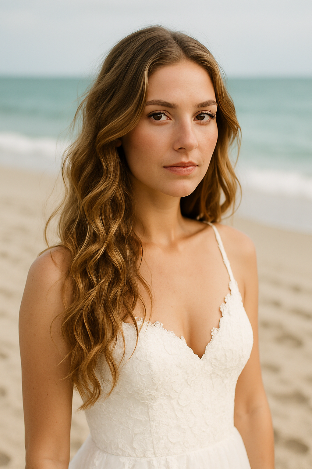 A woman with beach waves hairstyle wearing a white wedding dress, standing on the beach.