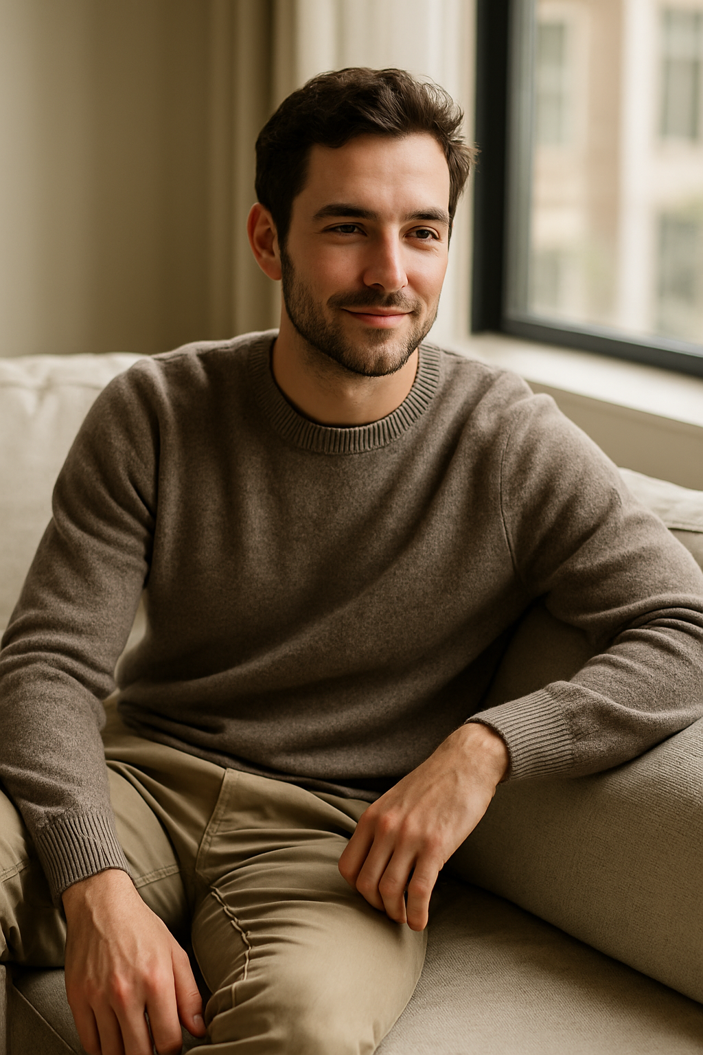 A man wearing a light brown crewneck sweater and khaki pants, sitting on a couch with a relaxed expression.