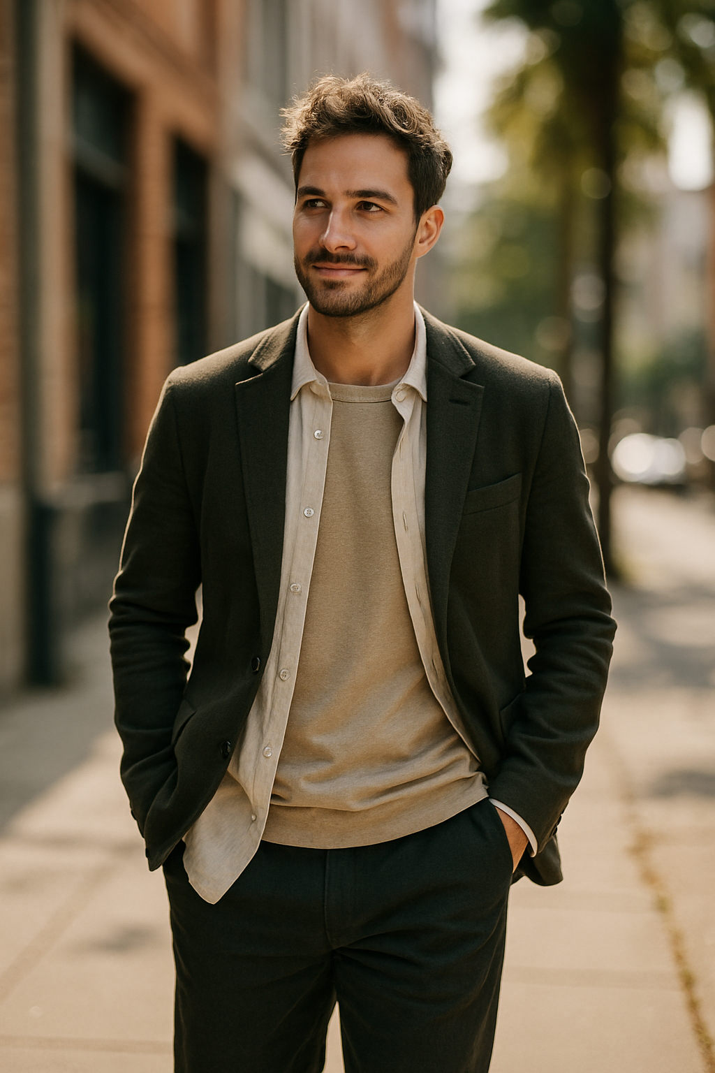 A stylish man outdoors, wearing a blazer, light shirt, and casual pants.