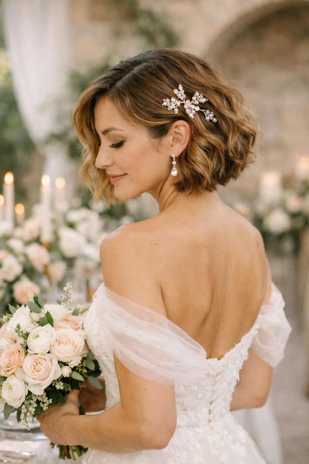 A woman with short, wavy hair wearing a floral hair accessory, showcasing an elegant hairstyle for a wedding