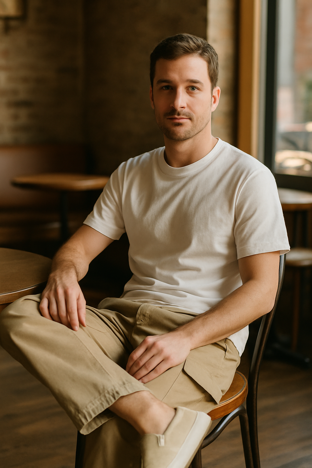 A man sitting in a cafe wearing beige cargo pants and a white t-shirt, showcasing a casual weekend outfit.