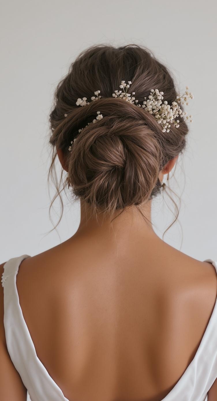 A close-up of a messy bun hairstyle adorned with small white flowers, showcasing a chic and elegant look.