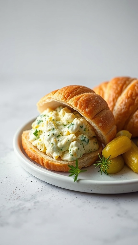Egg salad sandwiches on croissants, ready to serve at a bridal shower brunch.