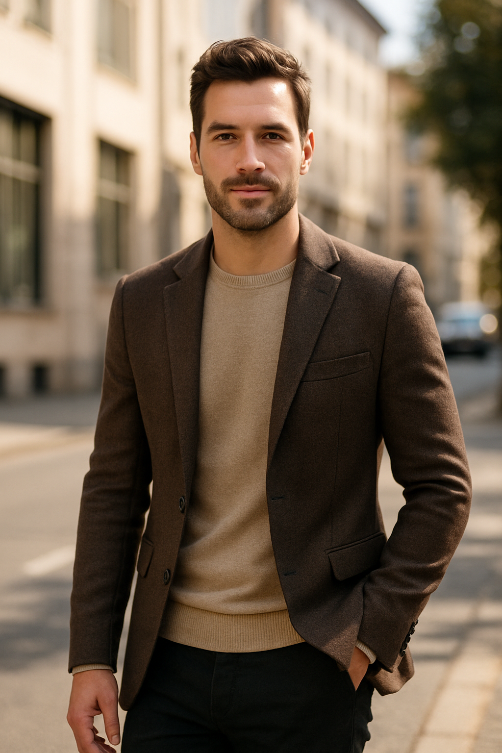 Hombre con blazer marrón y suéter claro en una calle
