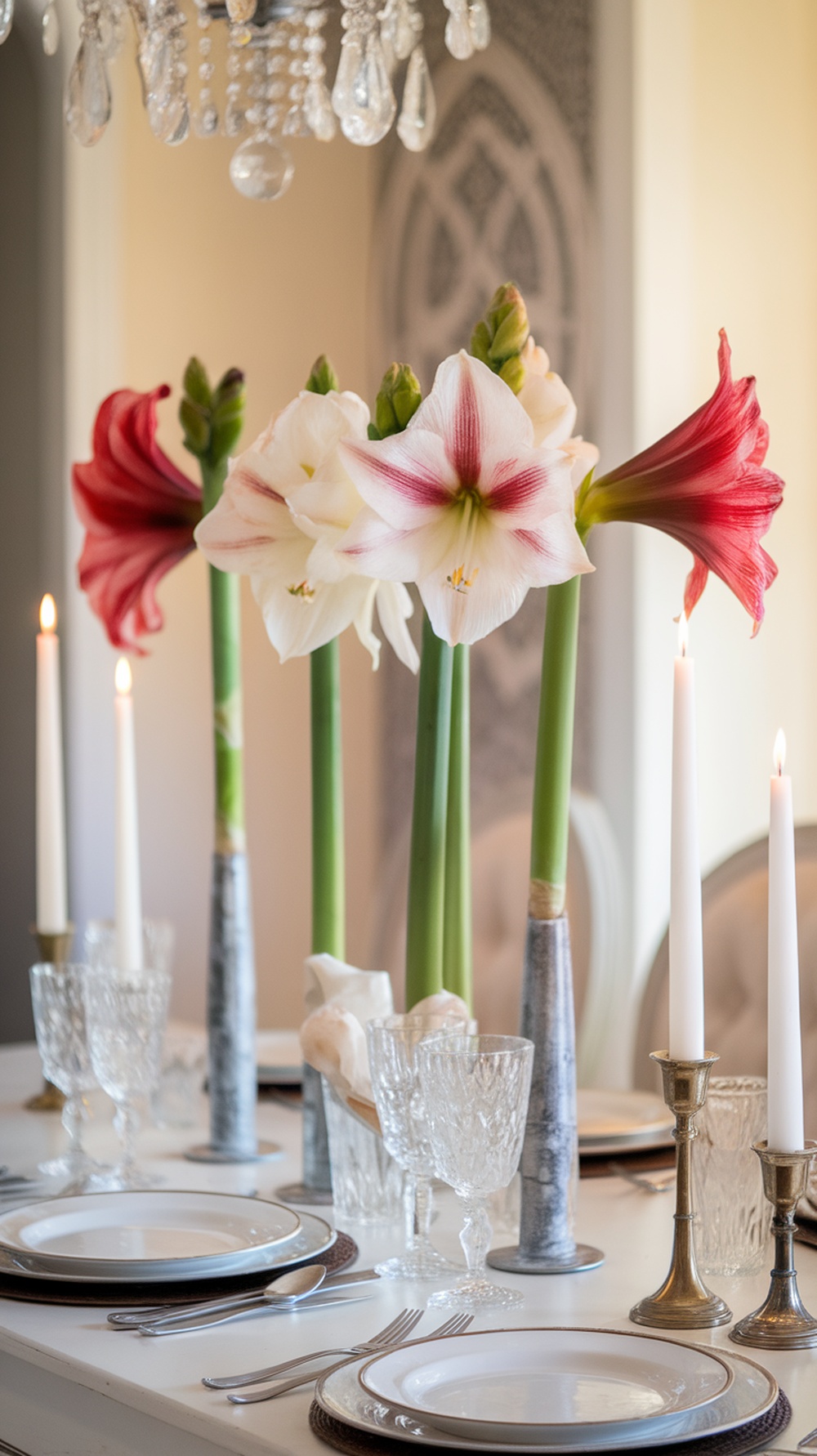 A beautiful table setting featuring tall amaryllis flowers in red and white, elegant dinnerware, and flickering candles.