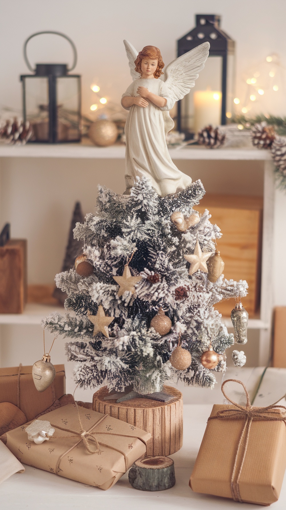 A Christmas tree topped with an angel figurine, surrounded by wrapped gifts.