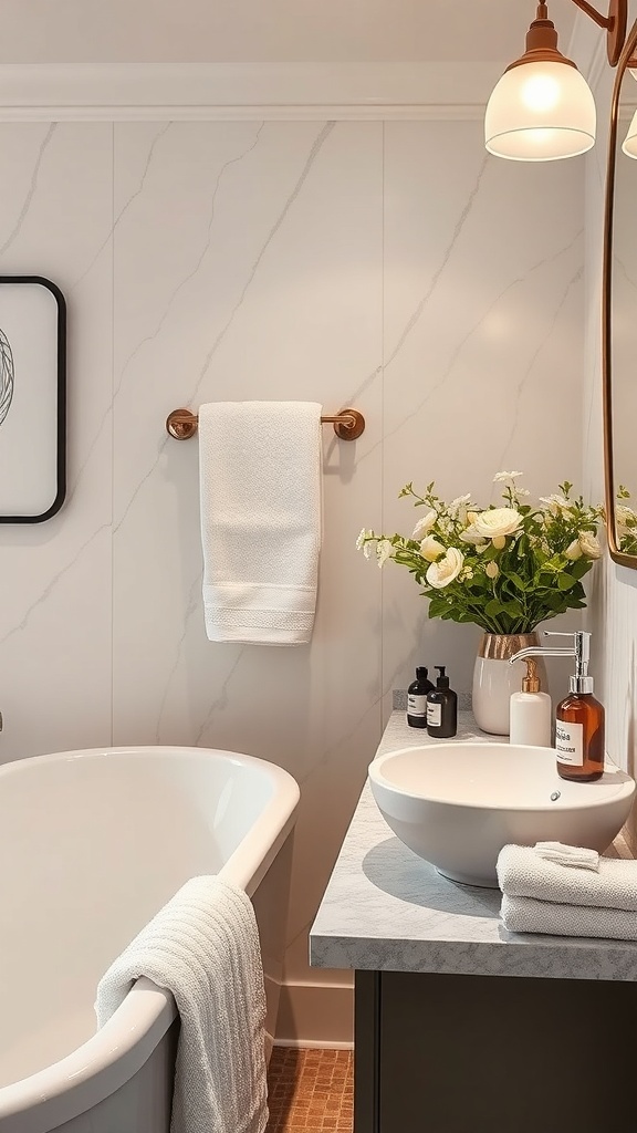 A modern bathroom featuring a freestanding tub, elegant accessories, and warm lighting.