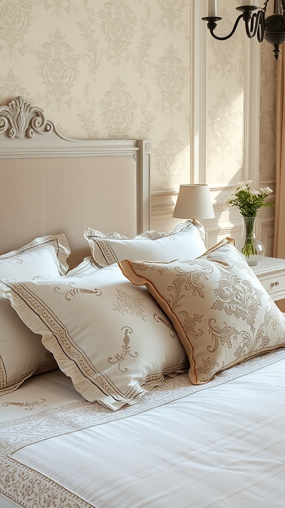A beautifully made bed with elegant bed linens and decorative pillows in a romantic French bedroom setting.