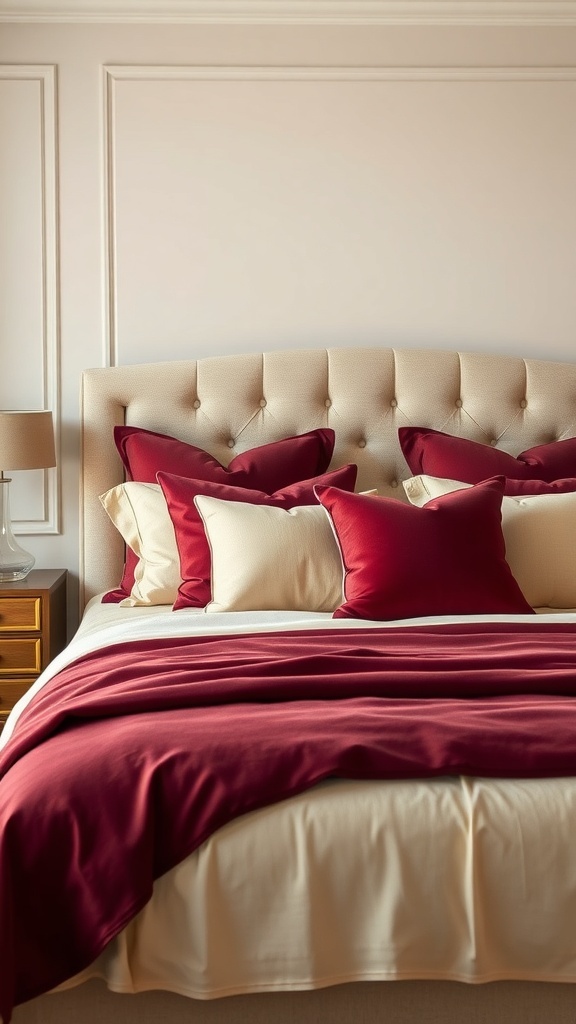 Burgundy and cream bedding with various pillows on a bed