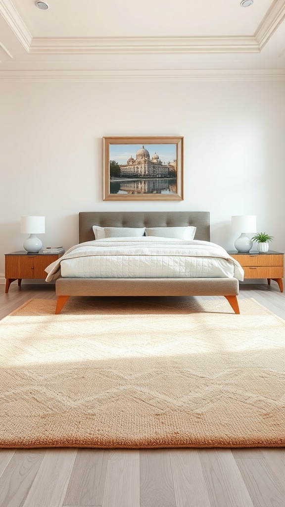 A cozy beige area rug in a cream and beige bedroom with a bed and nightstands.