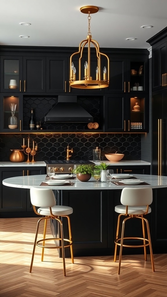A modern kitchen featuring black cabinetry with gold accents, a stylish light fixture, and a round island with bar stools.