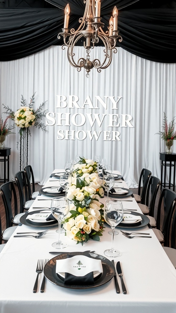 An elegant black and white bridal shower table setting with flowers, plates, and glassware.