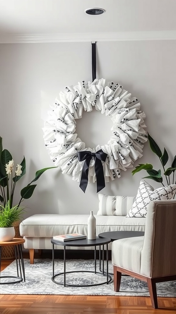 A black and white rag wreath hanging on a wall in a modern living room setting.