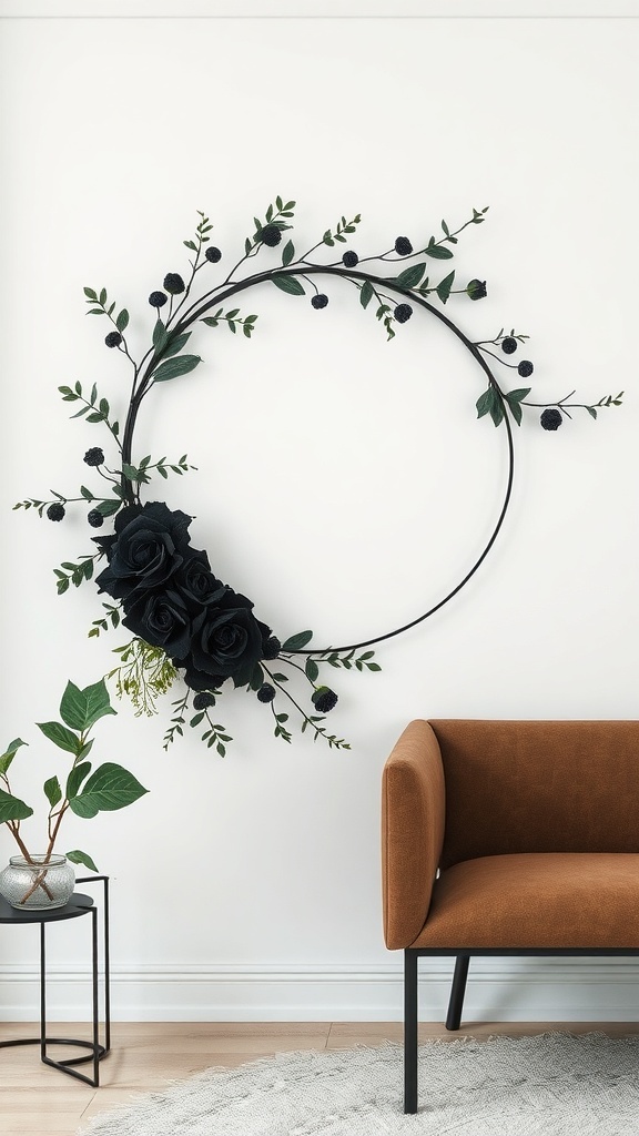A black floral wreath with dark roses and greenery on a wall next to a brown chair.