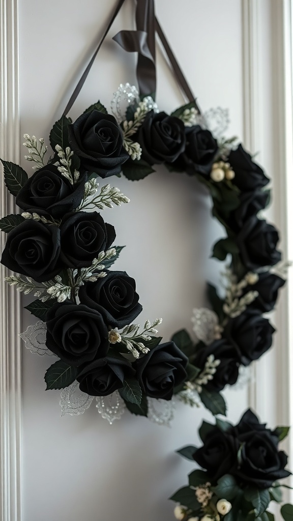 A beautiful black rose wreath with greenery and lace accents, perfect for Halloween decoration.