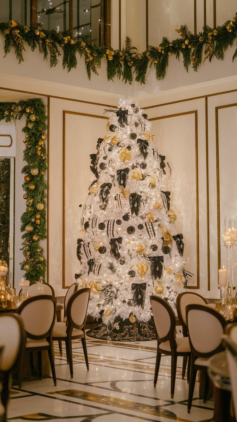 A beautifully decorated white Christmas tree with black and gold accents, set in an elegant dining space.