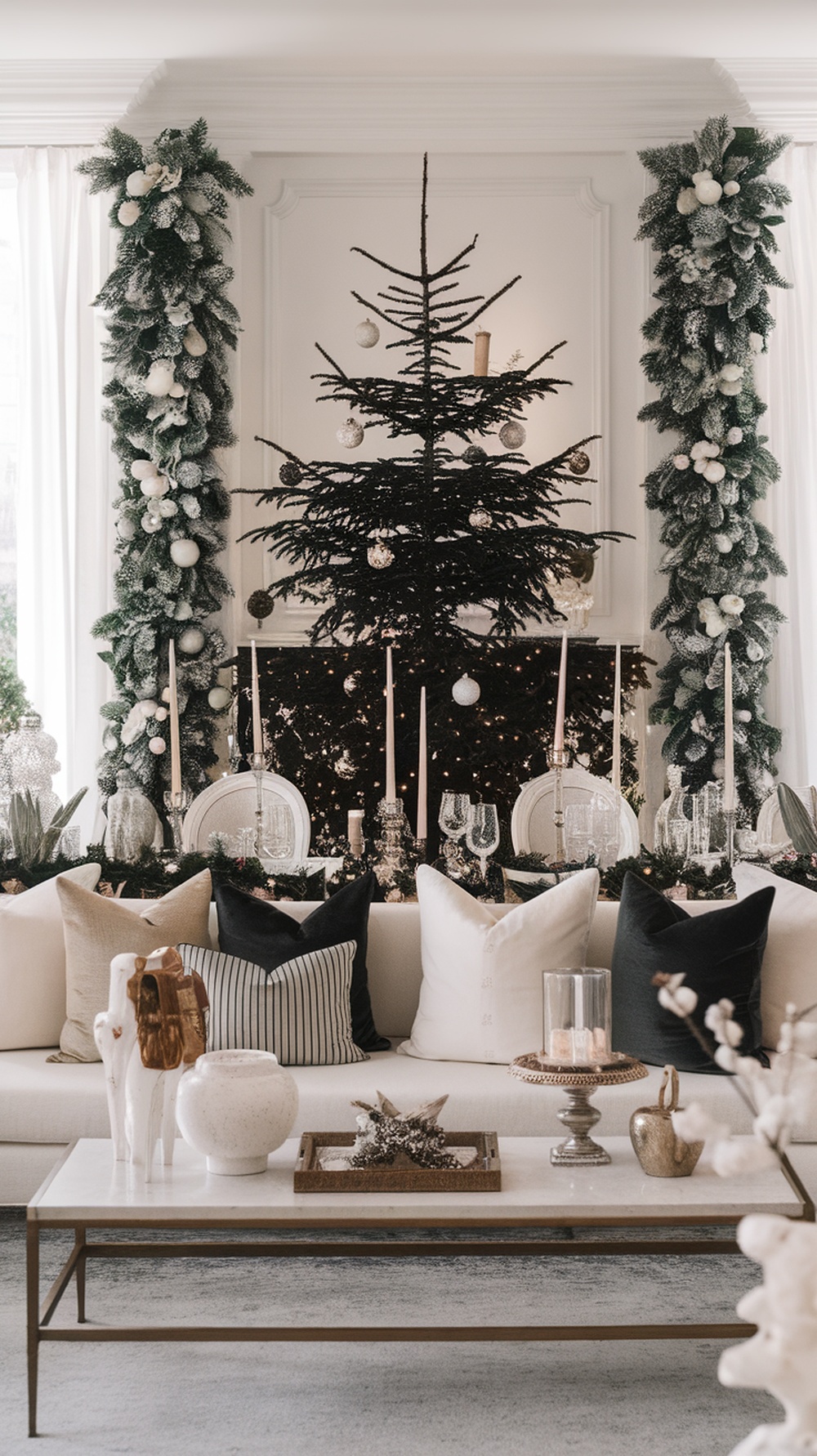 A stylish black Christmas tree decorated with white and silver ornaments, surrounded by elegant furnishings and festive decor.